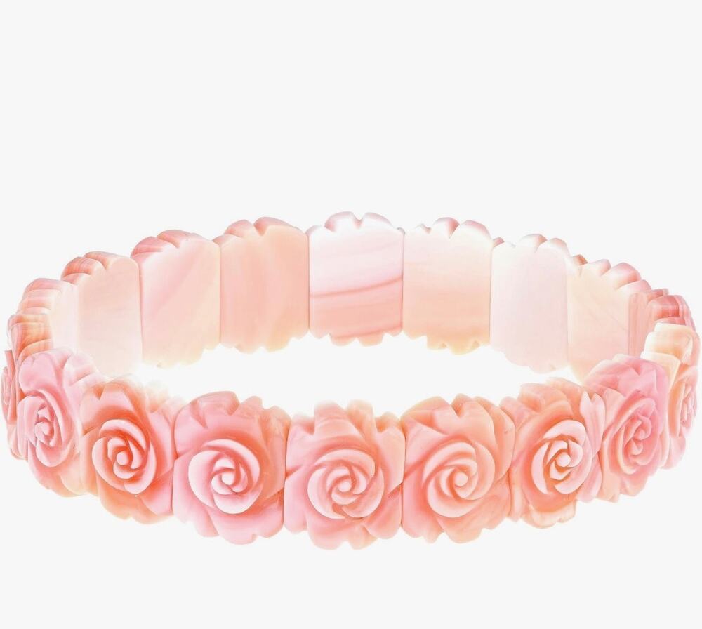 JTV Pink Conch Shell Rose Stretch Bracelet Hand Carved Floral Boho 7.25” 8”
